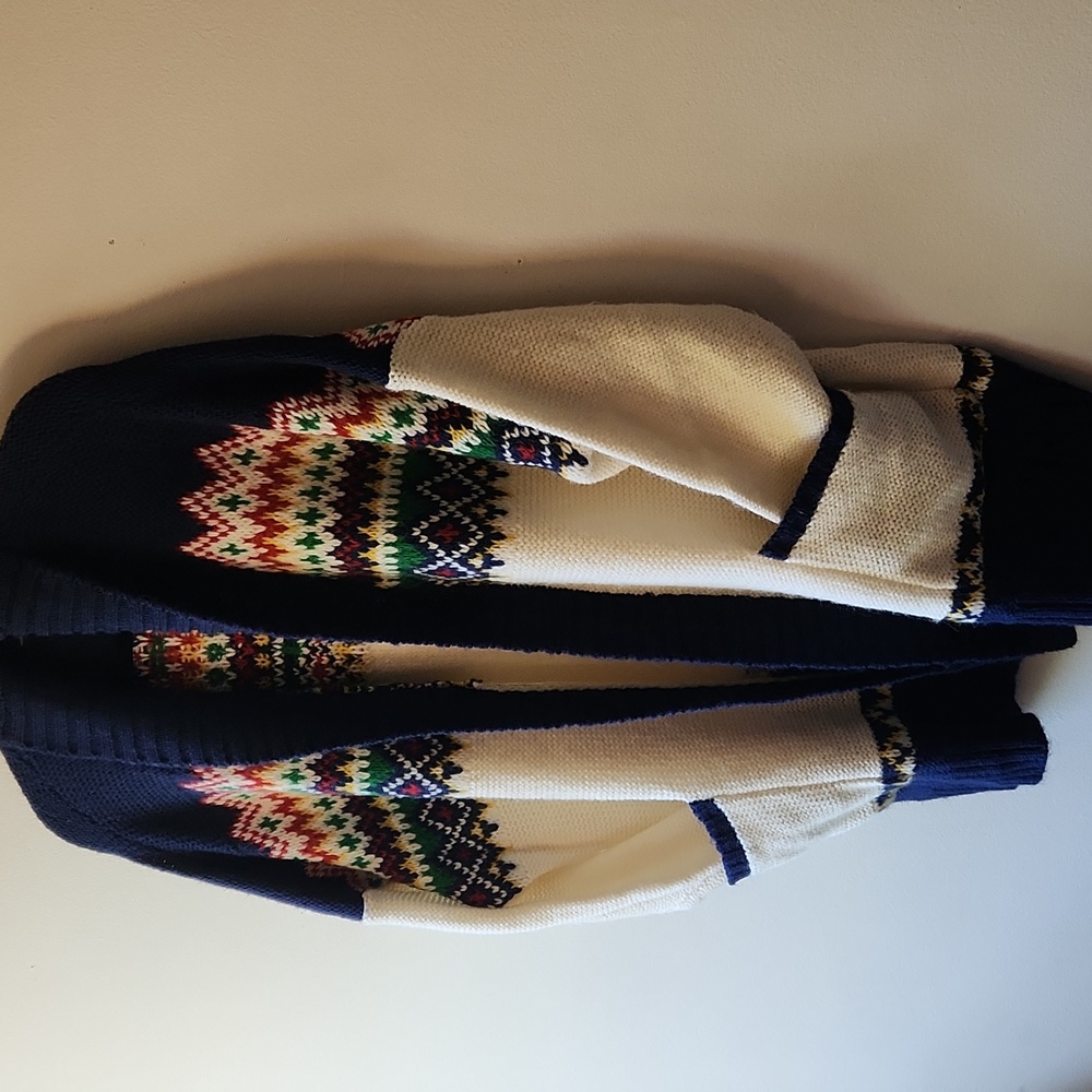 American Eagle Fair Isle Cardigan Chunky Knit Cream Navy Pockets, Size Xxl - Picture 5 of 12